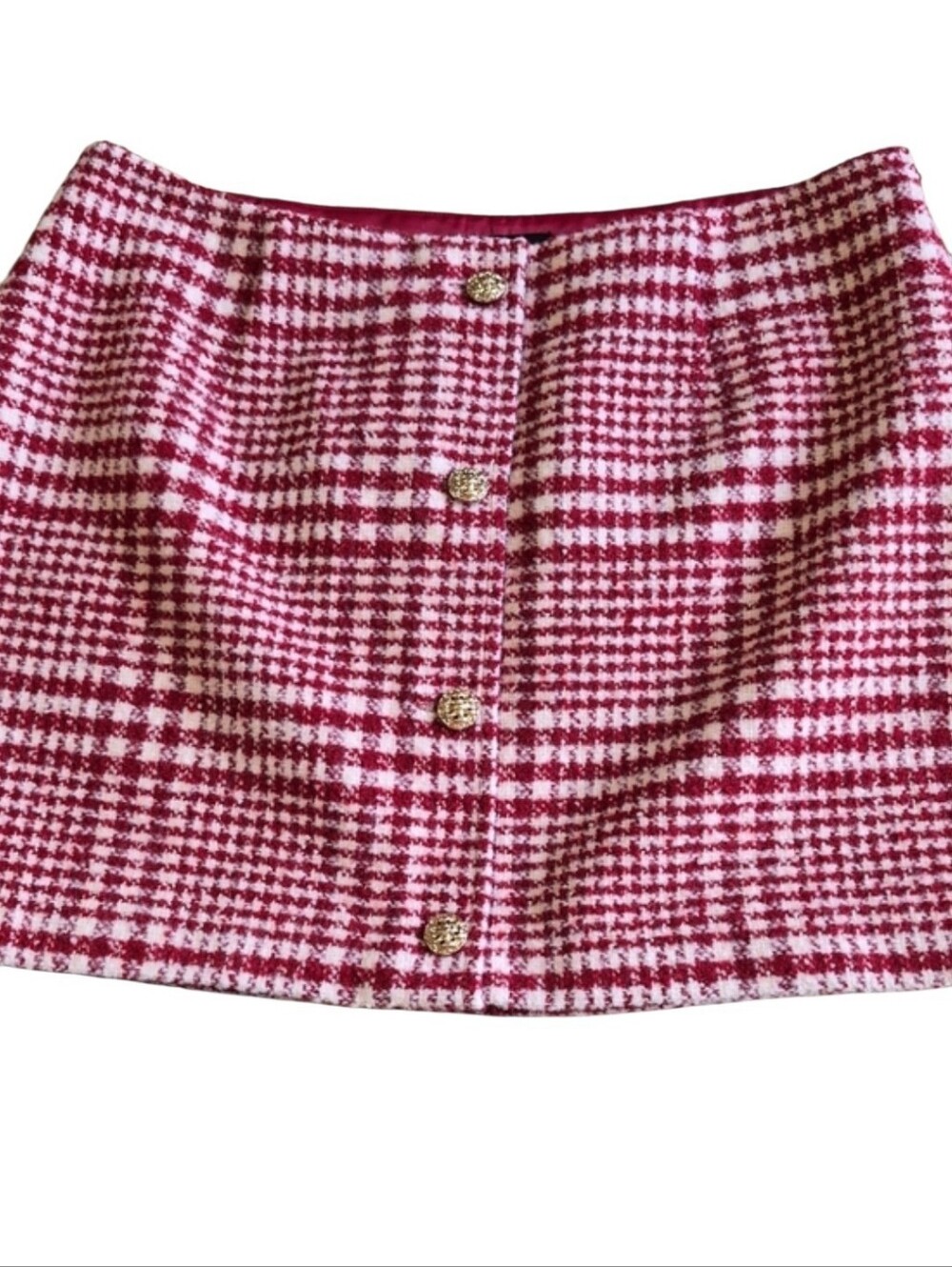 French Connection Size 12 Red Ivory Plaid Tweed Mini Skirt Gold Buttons NWT
